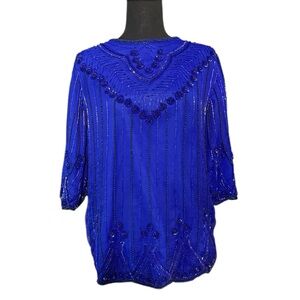 Vintage Scala Silk Beaded  Blue Top Sz M